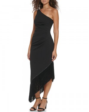 Vince Camuto Asymmetrical Fringe-Hem Midi Šaty Damske Čierne | IRGO-63140