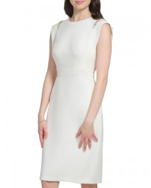 Vince Camuto Beaded Cap-Sleeve Sheath Saty Damske Biele | VPQB-52678