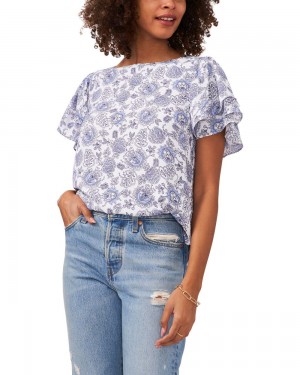 Vince Camuto Botanical-Print Flutter-Sleeve Bluzka Damske Biele | WONH-81526