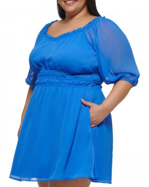 Vince Camuto Chiffon Ruffled-Neckline Fit-And-Flare(Plus Size) Maxi Šaty Damske Modre | FROA-34709