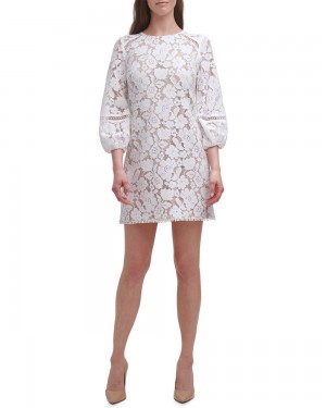 Vince Camuto Cipkovane Balloon-Sleeve (Petite) Mini Šaty Damske Biele | JUXH-94231