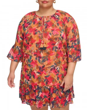 Vince Camuto Floral-Print Chiffon Ruffled(Plus Size) Maxi Šaty Damske Červené | NIJR-90826