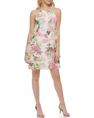 Vince Camuto Floral-Print Chiffon Ruffled (Petite) Mini Šaty Damske Biele | XCPH-06243