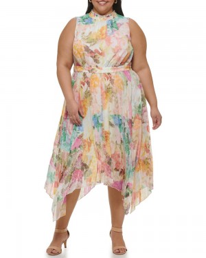 Vince Camuto Floral-Print Handkerchief-Hem (Plus Size) Midi Šaty Damske Biele | NATU-37948