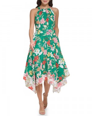 Vince Camuto Floral-Print Handkerchief-Hem Saty Damske Tmavo Zelene | LPGK-01962