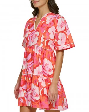 Vince Camuto Floral-Print Piped Midi Šaty Damske Červené Ruzove | TQWH-20145