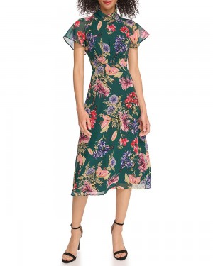 Vince Camuto Floral-Print Roll-Neck Midi Šaty Damske Hunter Floral Print | CWFP-16759