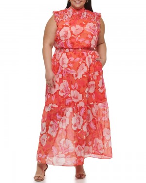 Vince Camuto Floral-Print Smocked (Plus Size) Maxi Šaty Damske Červené | HNSW-28491