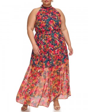 Vince Camuto Floral-Print Smocked (Plus Size) Maxi Šaty Damske Námornícka Modrá | ATLE-31260