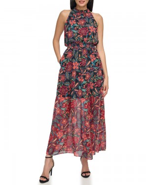 Vince Camuto Floral Print Chiffon Maxi Šaty Damske Čierne | TUZW-32094