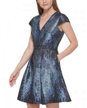 Vince Camuto Jacquard Cap-Sleeve Fit-And-Flare Mini Šaty Damske Modre | XDLI-03851
