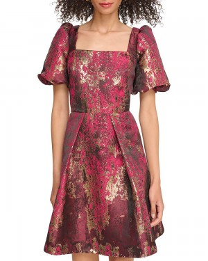 Vince Camuto Jacquard Square-Neck Fit-And-Flare Mini Šaty Damske Zlate | MPNQ-53492