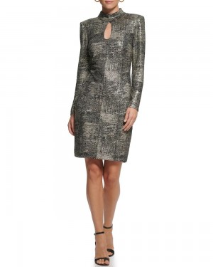 Vince Camuto Keyhole Mock-Neck Sheath Saty Damske Čierne Zlate | EMHJ-45703