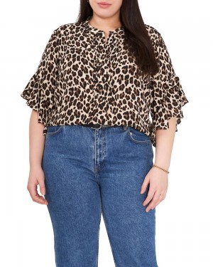Vince Camuto Leopard-Print Ruffled-Sleeve (Plus Size) Bluzka Damske Čierne Hnede Leopardie | SBFI-14398