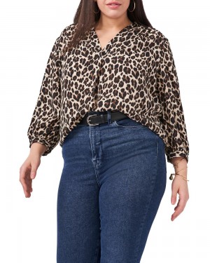 Vince Camuto Leopard-Print V-Neck (Plus Size) Topy Damske Čierne Hnede Leopardie | HRPM-87043