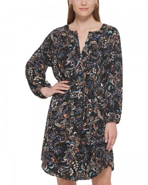 Vince Camuto Paisley-Print Tie-Pásom Shift Saty Damske Čierne | GJIB-01543