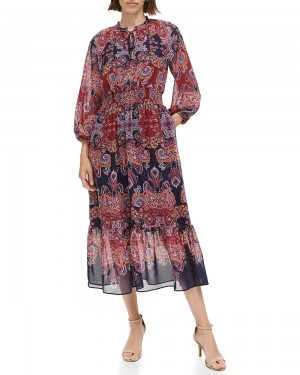 Vince Camuto Printed Smocked-Pásom Midi Šaty Damske Viacfarebný | XLZT-87163