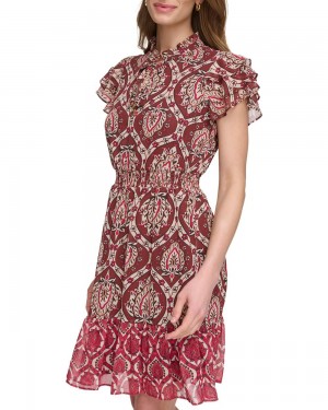Vince Camuto Printed Smocked Ruffled-Sleeve Mini Šaty Damske Červené Hnede | CMDS-87019