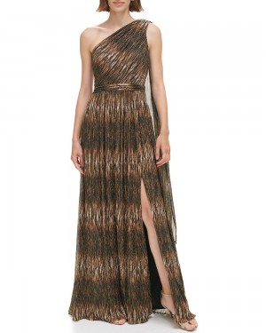 Vince Camuto Ruched Metallic V-Neck Gown Maxi Šaty Damske Hnede | FWOT-07459