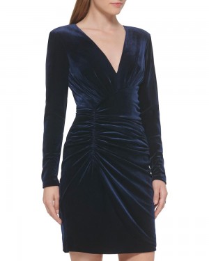 Vince Camuto Ruched V-Neck Cocktail (Petite) Mini Šaty Damske Námornícka Modrá | UOEZ-15728