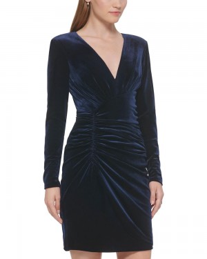 Vince Camuto Ruched Velvet Sheath Saty Damske Námornícka Modrá | ESNV-02879