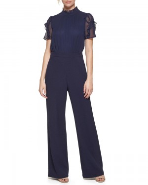 Vince Camuto Ruffled-Sleeve Siroke Topanky-Leg (Petite) Kombineza Damske Námornícka Modrá | GJAX-47913