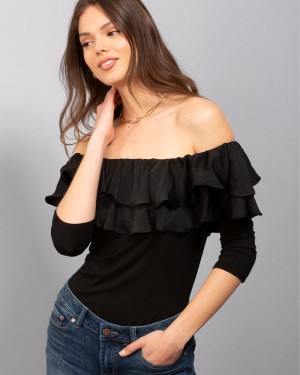 Vince Camuto Ruffled Off-The-Shoulder Topy Damske Čierne | YKFQ-01856