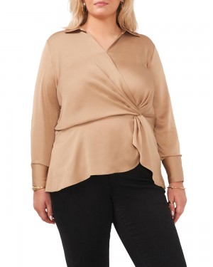 Vince Camuto Satin Twist-Detail Peplum (Plus Size) Bluzka Damske Hnedožltý | UDYV-07593
