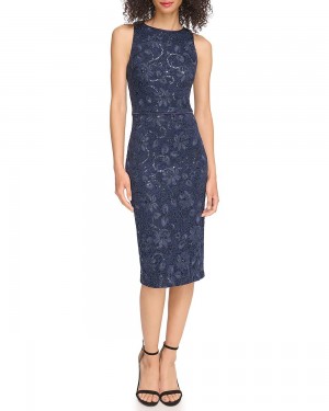 Vince Camuto Sequined Cipkovane Midi Šaty Damske Námornícka Modrá | BQMU-16530