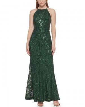 Vince Camuto Sequined Halter-Neck Saty Damske Zelene | WQBT-34962