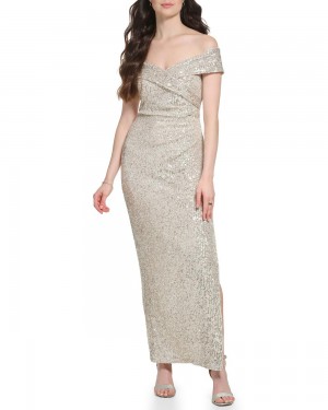 Vince Camuto Sequined Off-The-Shoulder Gown Maxi Šaty Damske Strieborne | HZNJ-28741