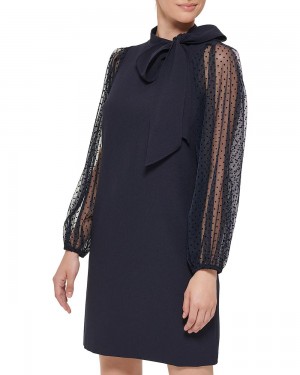 Vince Camuto Sheer-Sleeve Bow-Detail Saty Damske Námornícka Modrá | LITG-29764