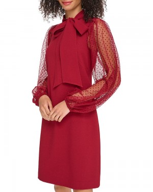 Vince Camuto Sheer-Sleeve Bow-Detail Saty Damske Červené | HYBF-58703