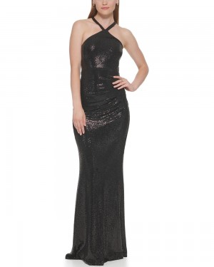 Vince Camuto Side-Ruched Halter Gown Maxi Šaty Damske Čierne | KBGI-61385