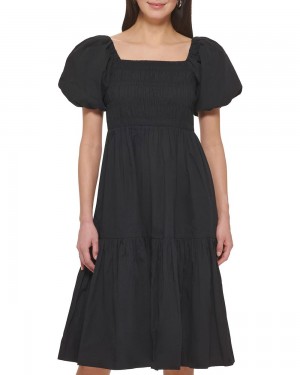 Vince Camuto Smocked Puff-Sleeve Midi Šaty Damske Čierne | UKYC-82396