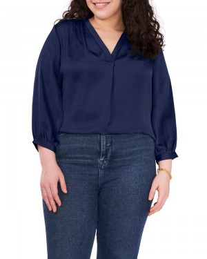 Vince Camuto V-Neck Inverted-Pleat (Plus Size) Bluzka Damske Námornícka Modrá | CZNK-78314