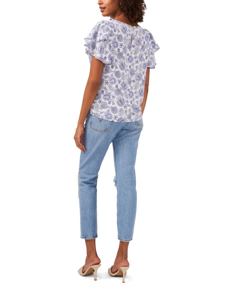 Vince Camuto Botanical-Print Flutter-Sleeve Bluzka Damske Biele | WONH-81526