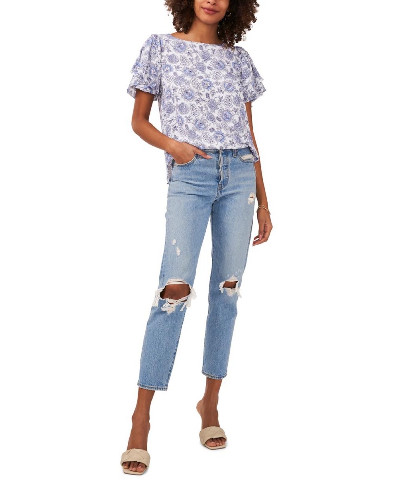 Vince Camuto Botanical-Print Flutter-Sleeve Bluzka Damske Biele | WONH-81526