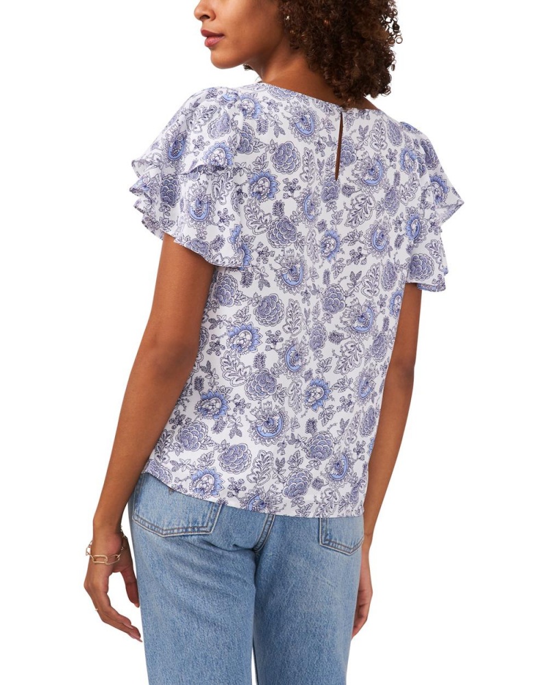 Vince Camuto Botanical-Print Flutter-Sleeve Bluzka Damske Biele | WONH-81526