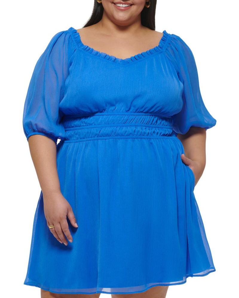 Vince Camuto Chiffon Ruffled-Neckline Fit-And-Flare(Plus Size) Maxi Šaty Damske Modre | FROA-34709