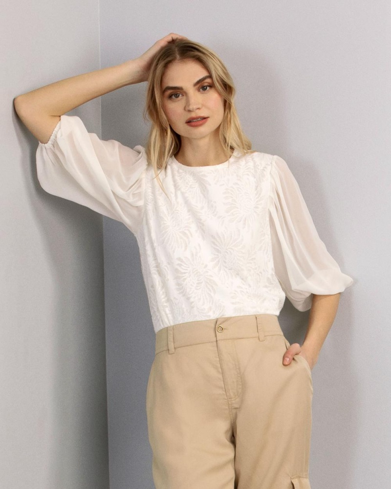 Vince Camuto Floral-Burnout Chiffon-Sleeve Bluzka Damske Biele | SRKJ-50629