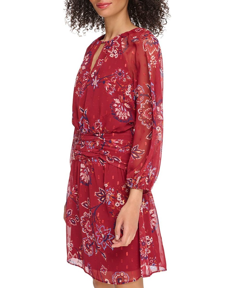 Vince Camuto Floral-Print Chiffon Banded-Pásom Mini Šaty Damske Červené | GJSL-45370