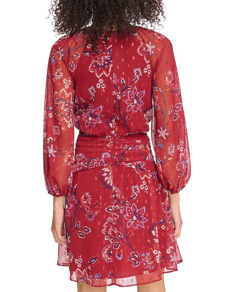 Vince Camuto Floral-Print Chiffon Banded-Pásom Mini Šaty Damske Červené | GJSL-45370