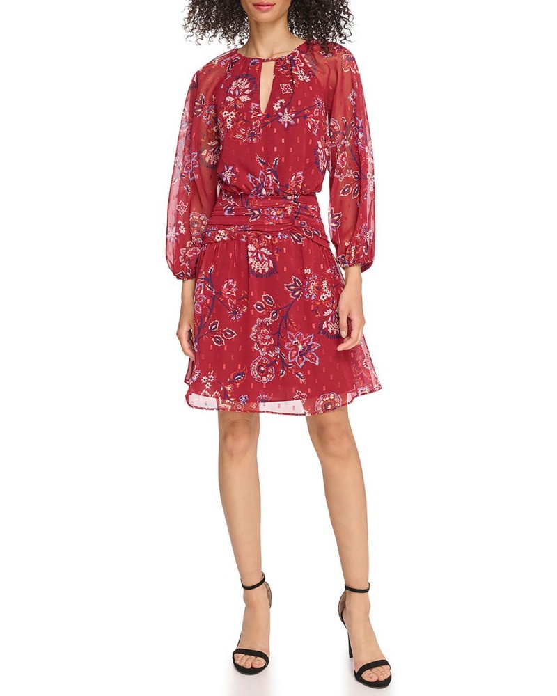 Vince Camuto Floral-Print Chiffon Banded-Pásom Mini Šaty Damske Červené | GJSL-45370