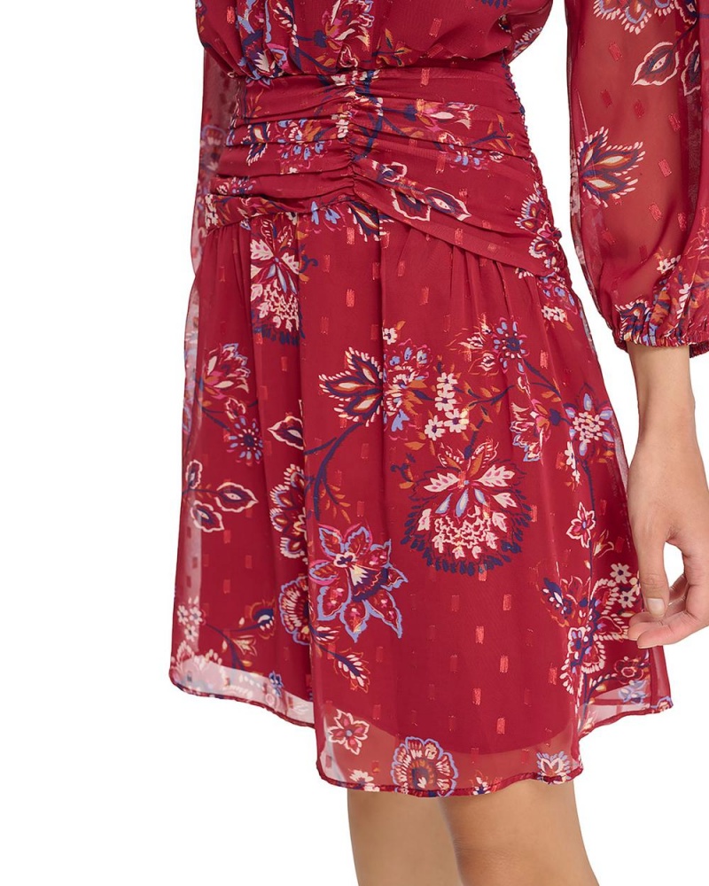 Vince Camuto Floral-Print Chiffon Banded-Pásom Mini Šaty Damske Červené | GJSL-45370