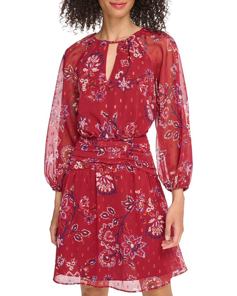 Vince Camuto Floral-Print Chiffon Banded-Pásom Mini Šaty Damske Červené | GJSL-45370
