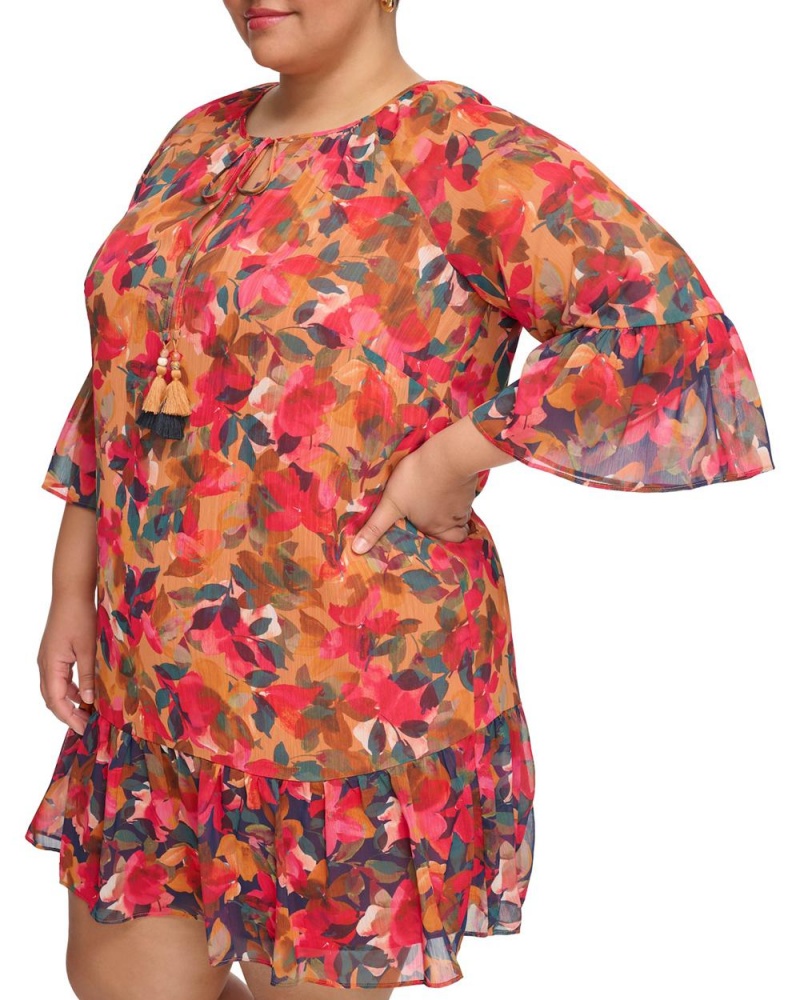 Vince Camuto Floral-Print Chiffon Ruffled(Plus Size) Maxi Šaty Damske Červené | NIJR-90826