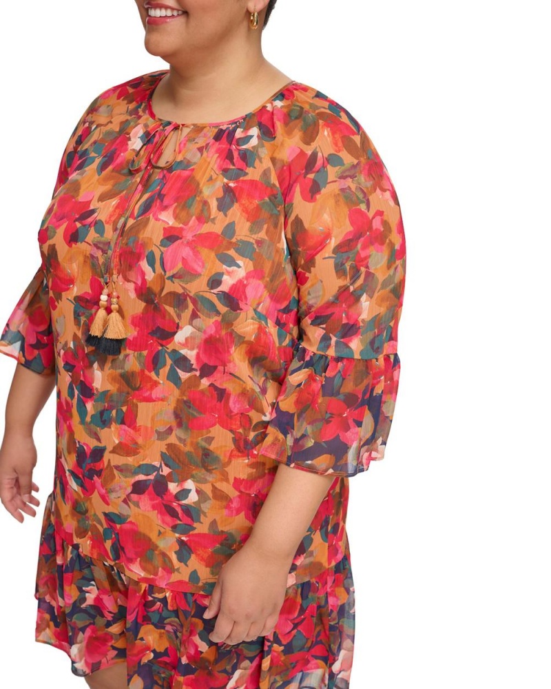Vince Camuto Floral-Print Chiffon Ruffled(Plus Size) Maxi Šaty Damske Červené | NIJR-90826
