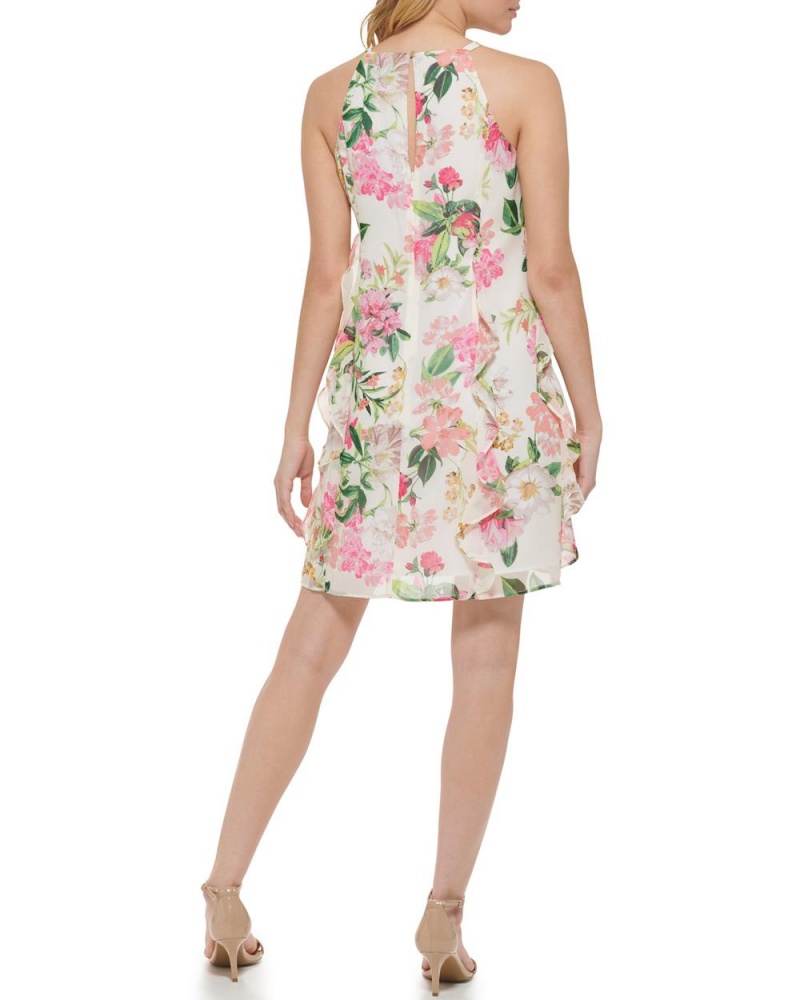 Vince Camuto Floral-Print Chiffon Ruffled (Petite) Mini Šaty Damske Biele | XCPH-06243