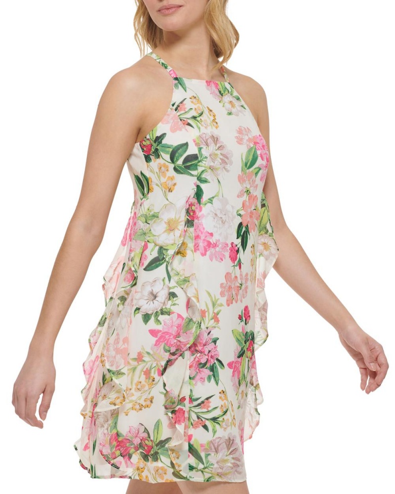 Vince Camuto Floral-Print Chiffon Ruffled (Petite) Mini Šaty Damske Biele | XCPH-06243